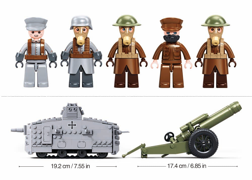 Toy figures and vehicles with measurements on a white background