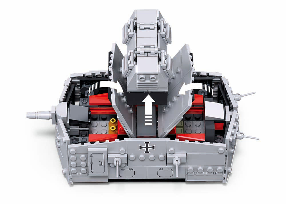 Toy battleship model made of interlocking bricks on a white background
