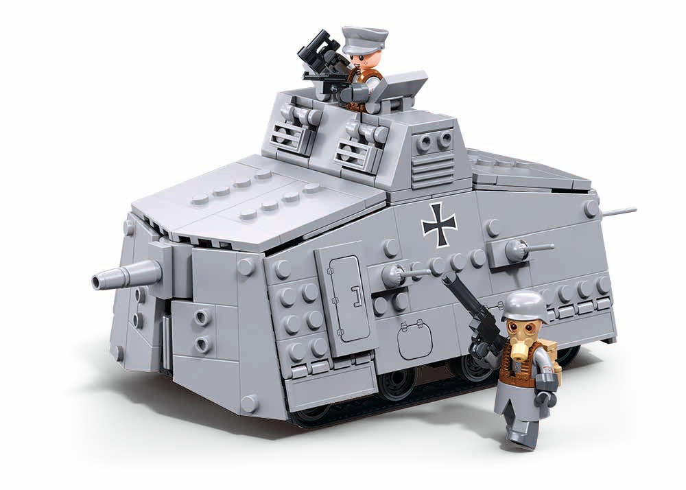Toy tank model with figures on a white background