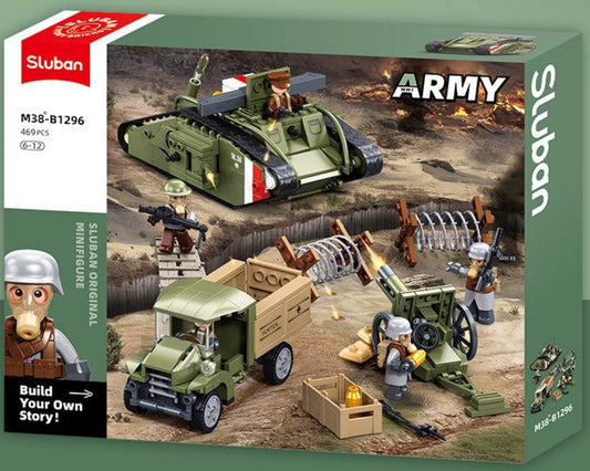 Sluban Army toy set packaging with military vehicles and figures.