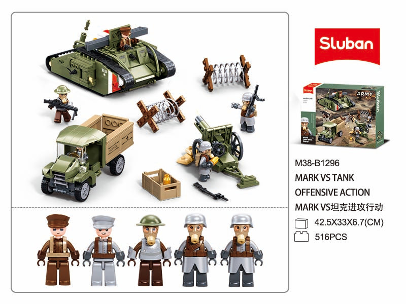 Sluban toy set with military figures and vehicles on a white background