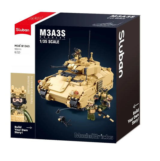 Sluban M3A3S Bradley toy set packaging with tank and figures on a white background