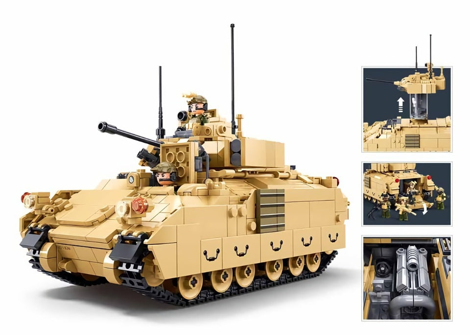 Toy tank model made of building blocks with detailed features on a white background