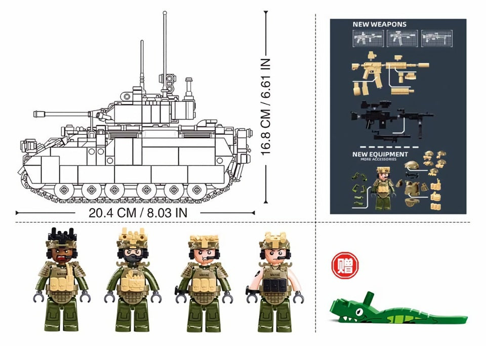 Toy tank set with soldiers, weapons, and equipment on a white background