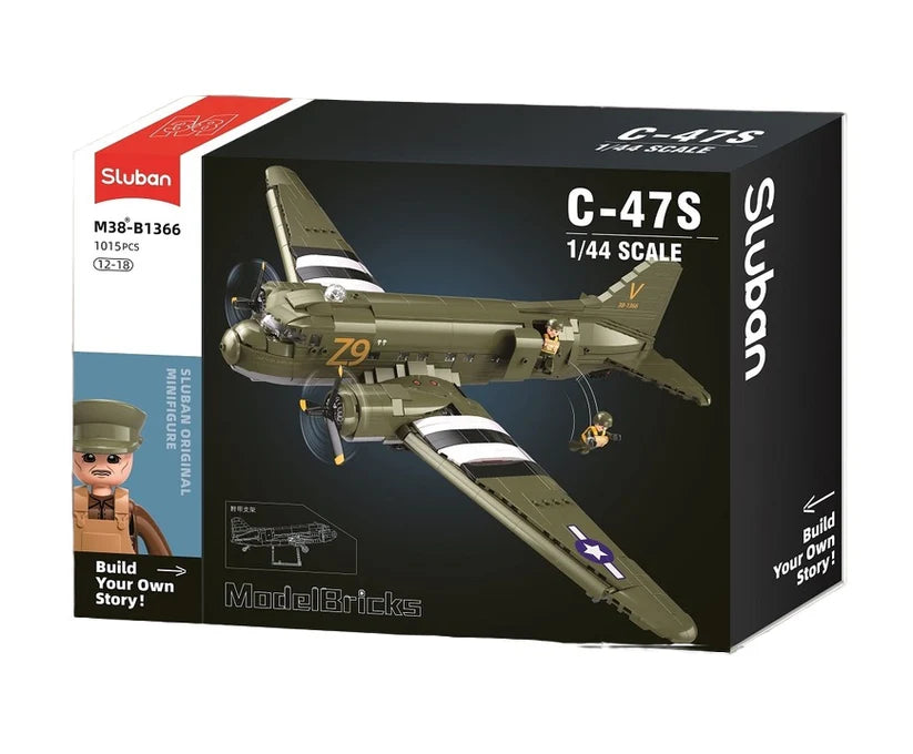 Sluban C-47S model airplane kit packaging with toy figure and diagram on a white background