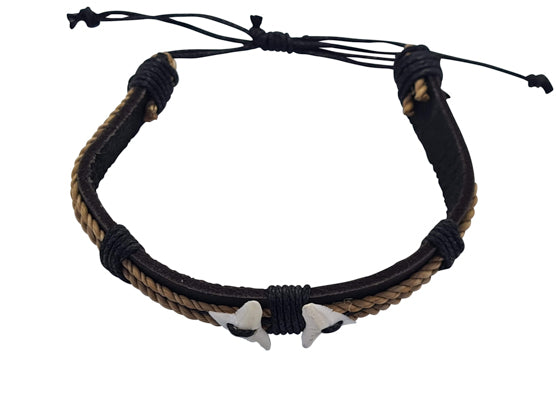 B186 Double Shark Tooth Braclet  thick leather cord with rope trim