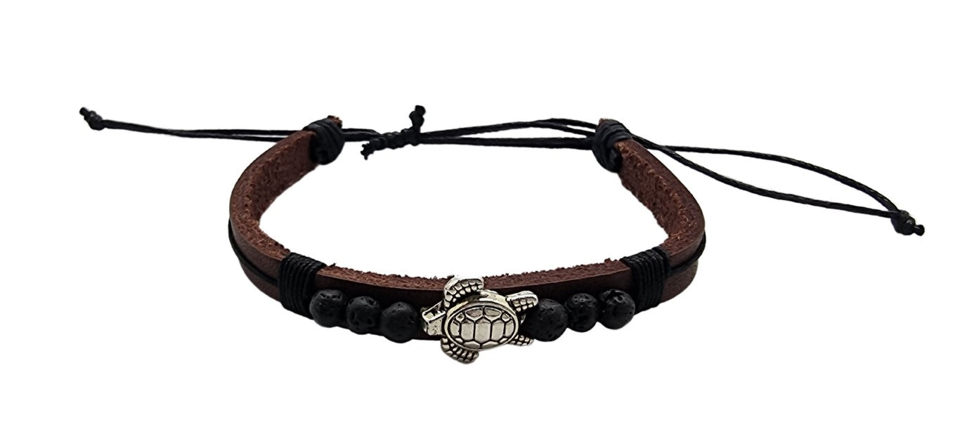 B258 Braclet Leather  Lava beads Turtle Charm