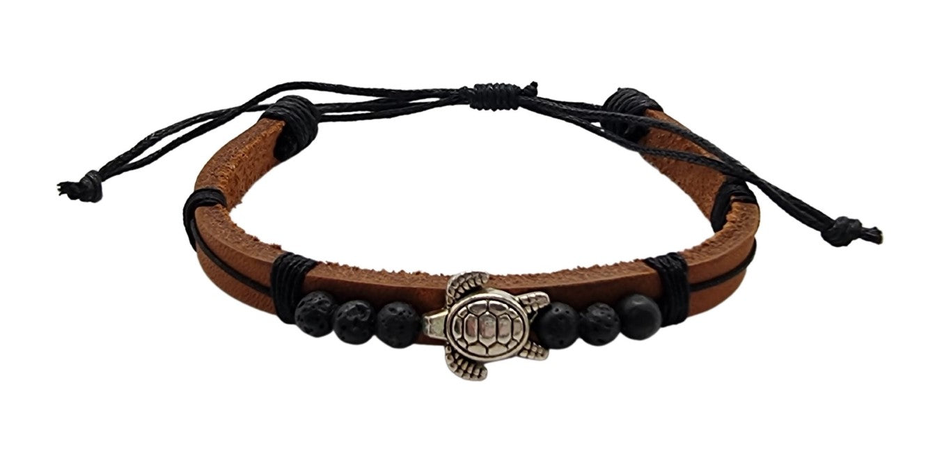 B258 Braclet Leather  Lava beads Turtle Charm