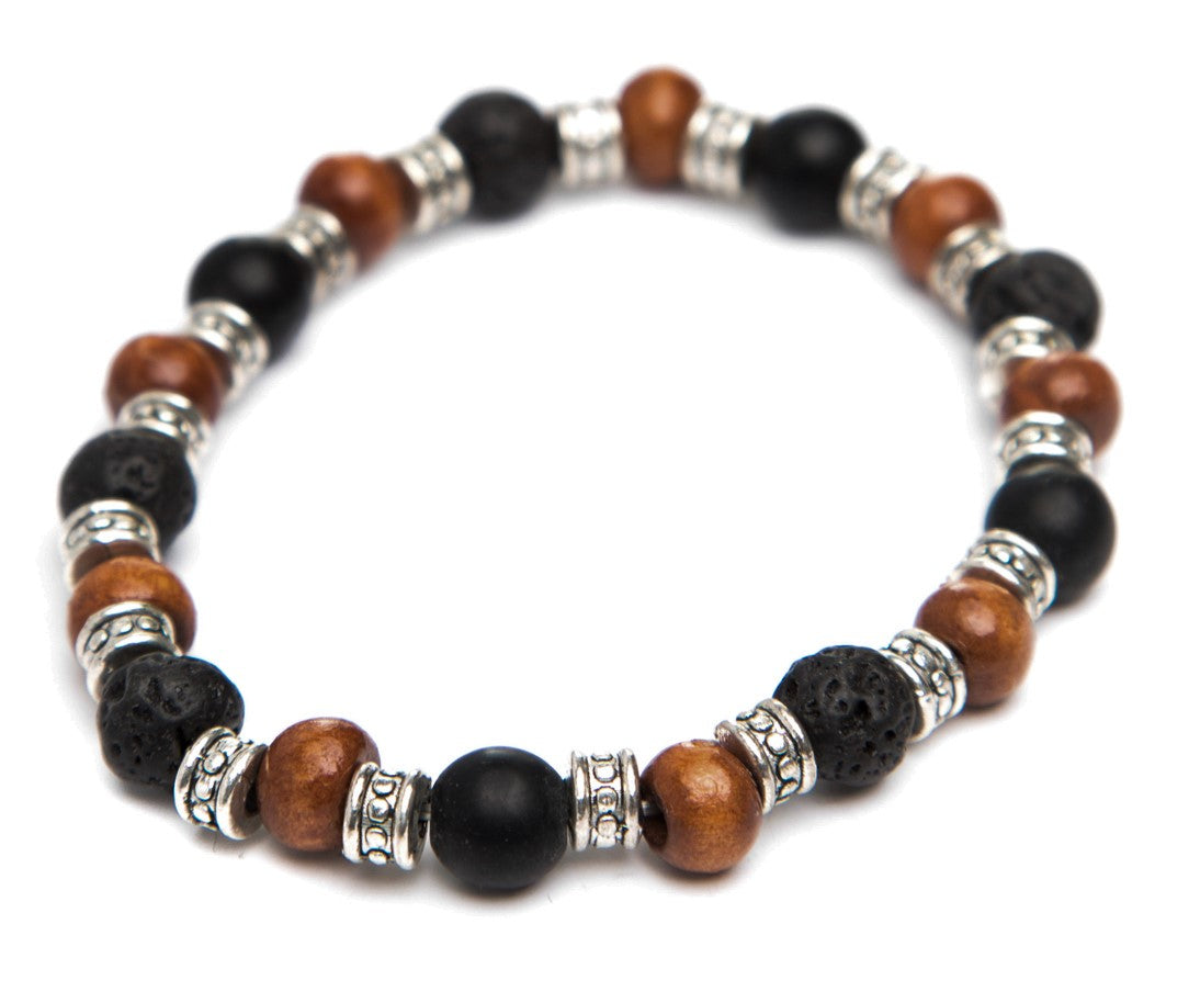 B41   mens Bracelet with  wooden  metal and lava stone Beads