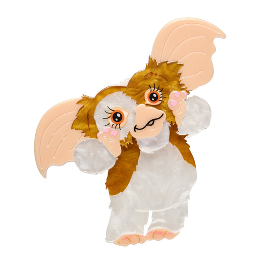 Erstwilder Brooch resembling a Gizmo Gremlin creature with brown and white fur & big pink ears on a white background
