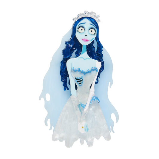 Erstwilder Brooch figure of a character Corps Bride with blue hair and a white dress on a white background 