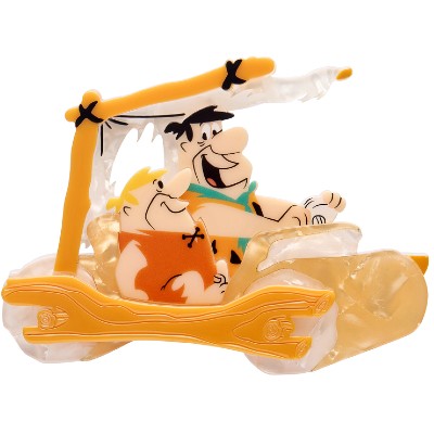 Fred Flintstone and Barney Rubble in a Flintstone's feet powered  car on a white background