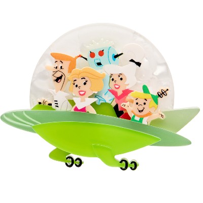 Jetsons Aero Car  Erstwilder Brooch the Jetsons  family in a  bubble domed  green flying car with a white background