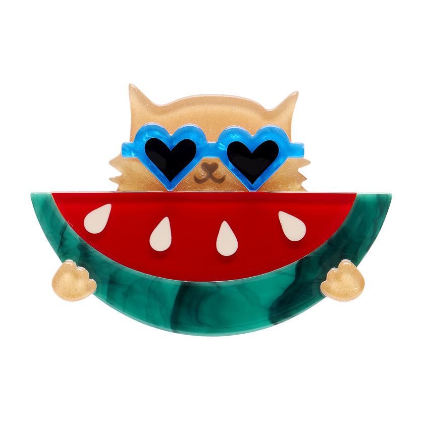 Cat-shaped with heart shaped glasses holding watermelon slice on a white background