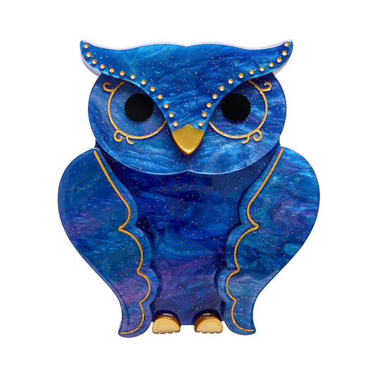 Blue owl Erstwilder Brooch with gold accents on a white background
