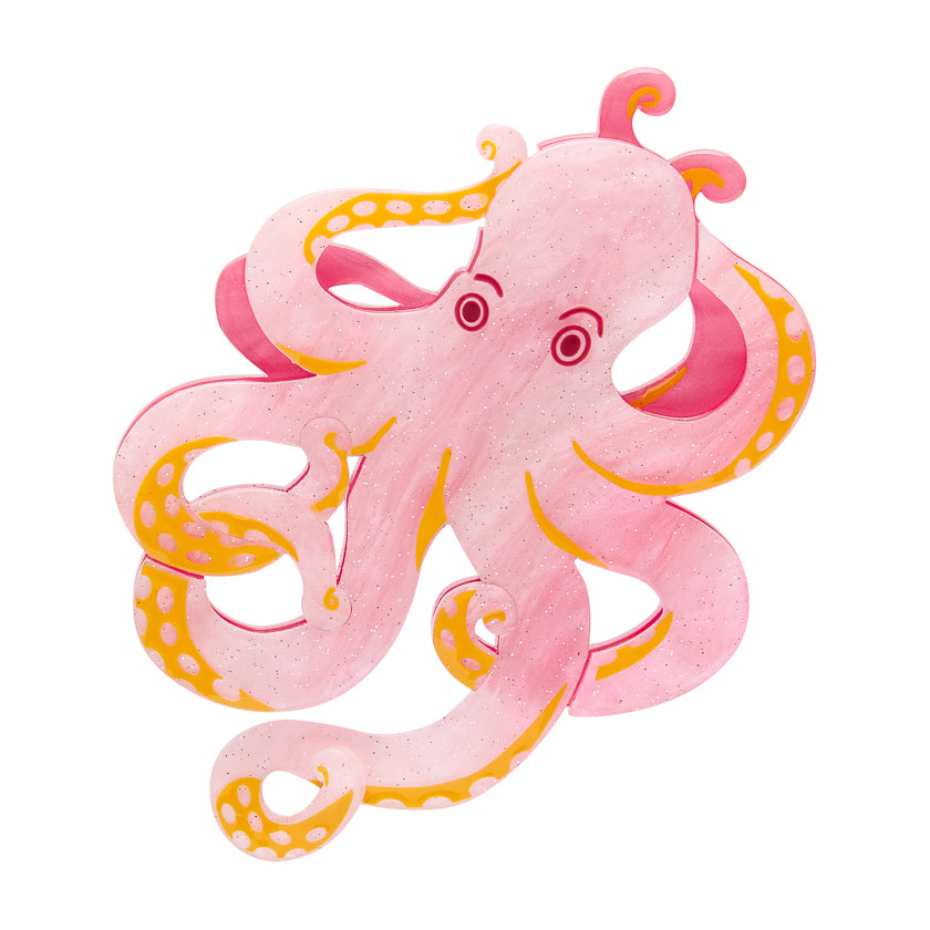 Pink octopus Erstwilder Jewellery Brooch with yellow accents on a white background