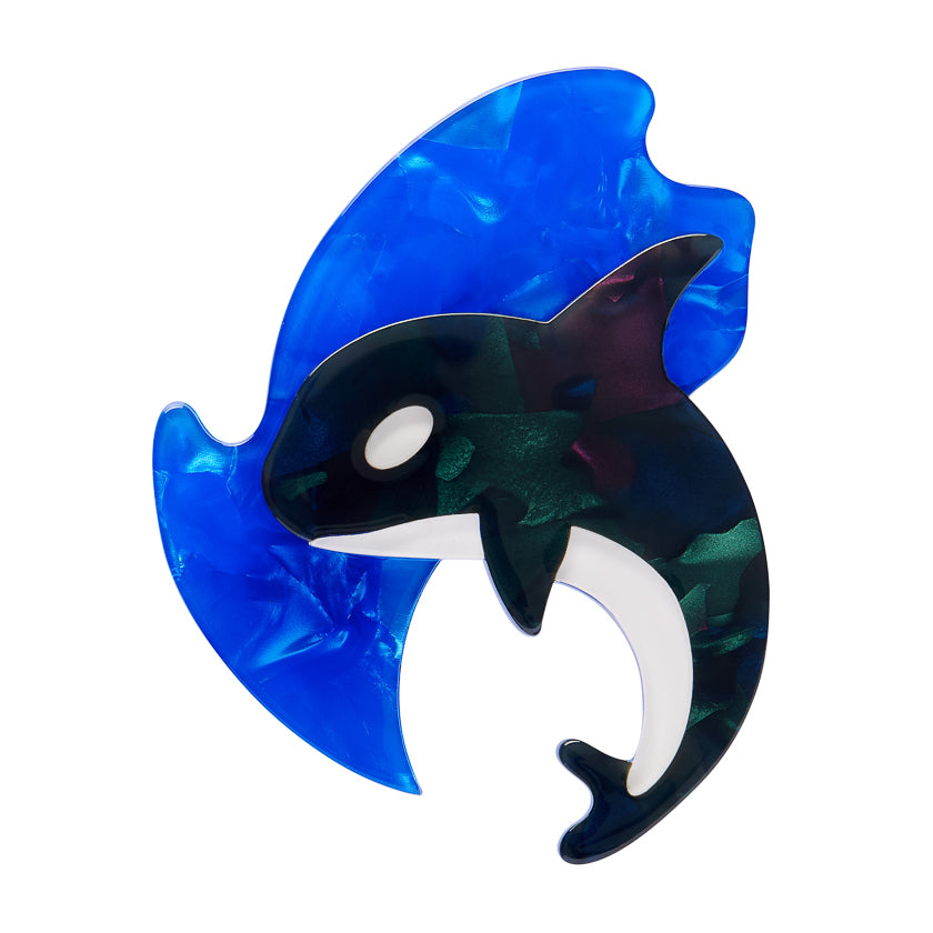 Orca whale Estwilder Brooch on a blue wave background
