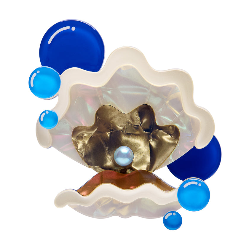 Clam shell Erstwilder Brooch with a Blue pearl and blue bubbles on a white background