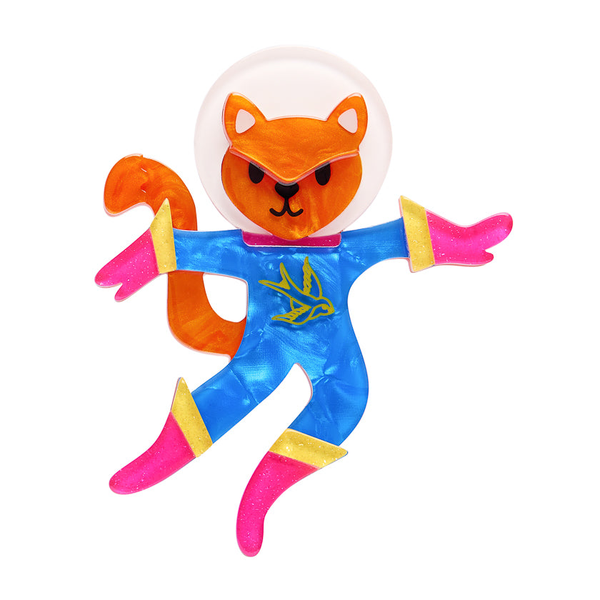  an Erstwilder Brooch of a Cat in an astronaut suit on a white background