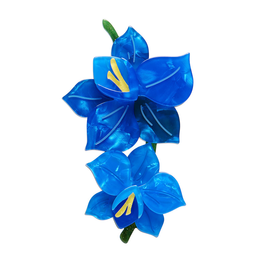 Erstwilder Brooch Blue flowers with yellow center on a white background