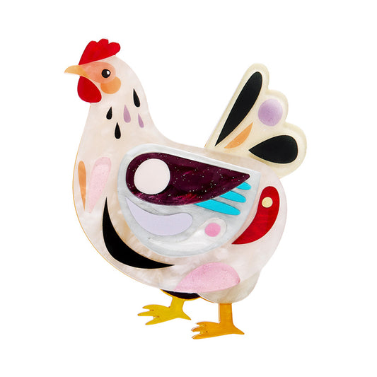 Clara the chicken erstwilColorful cartoon-style chicken figure on a white backgrounder brooch 