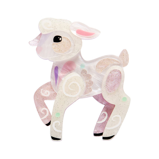 Lottie the lamb Erstwilder Broochwith floral patterns on a white background