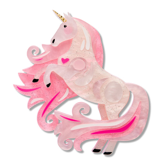 Pink unicorn with a heart on a white background