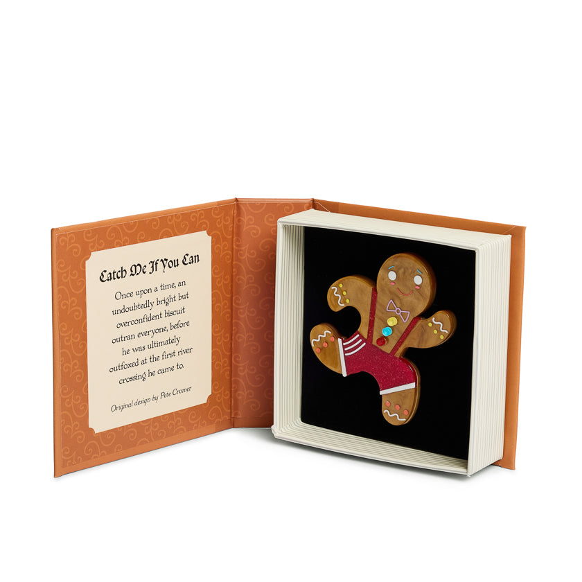 Gingerbread man  brooch an open book box with a w on a white background with written text