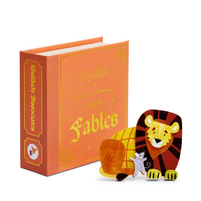 Orange book titled 'Fables' with a lion  and mouse illustration on a white background