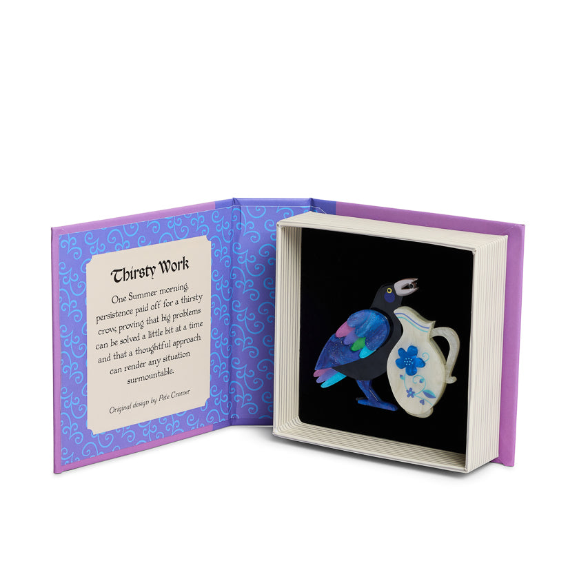 Open book box  with a decorative brooch  of crow  a jug and text on a white background