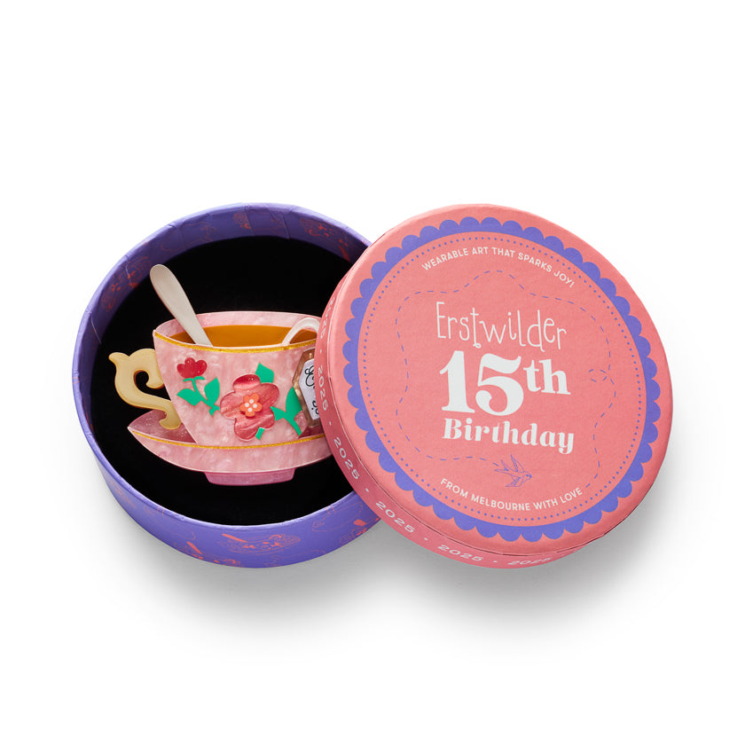 pink Tea Cup Brooch in a box with Erstwilder 15th Birthday