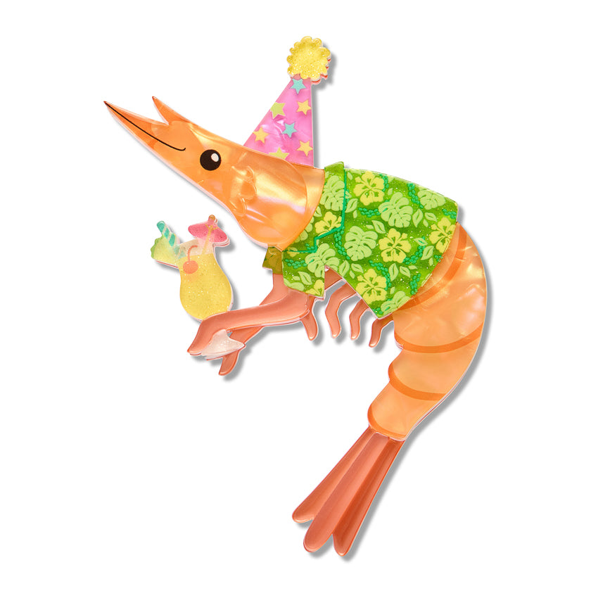 A cartoon shrimp character with an orange body, wearing a pink party hat with yellow stars and a green floral shirt, holding a small yellow duck on a plain white background.
