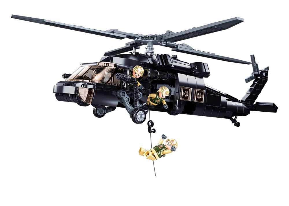 Black helicopter model with soldiers on a white background