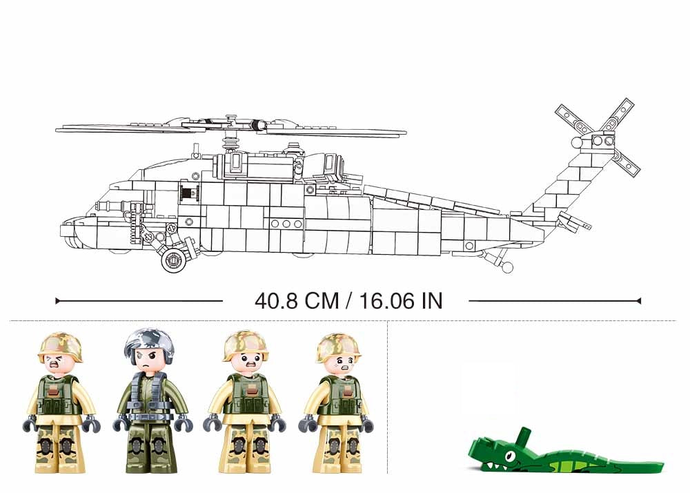 Toy helicopter and figures with dimensions on a white background