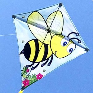 Kite shaped like a bee with a clear blue sky background