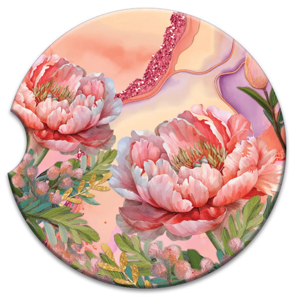 Lisa Pollock Ceramic Car Coaster Coral Peony
