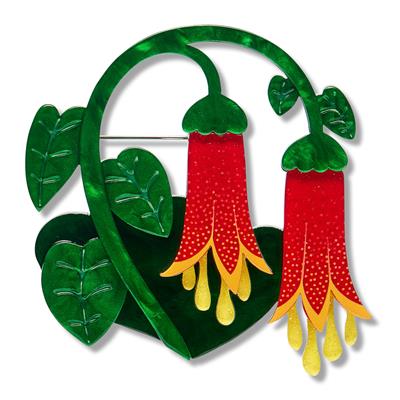 Enamel floral brooch with green leaves and red, yellow dangling blossoms