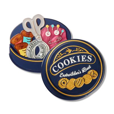 Cookie tin with decorative elements on a white background