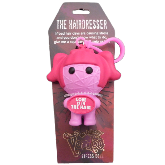Pink stress doll with text 'Love is in the Hair' in packaging
