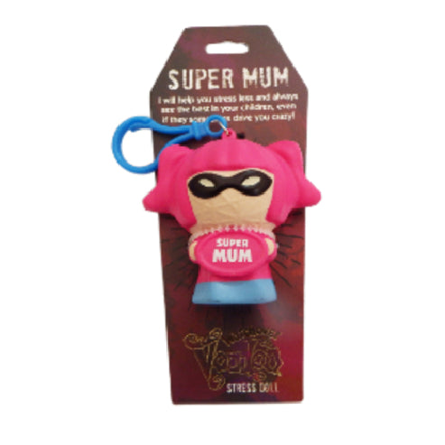 Pink stress doll with 'Super Mum' text on packaging
