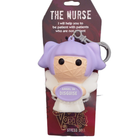 Stress doll with purple hair and white outfit on a Voodoo Stress Doll packaging