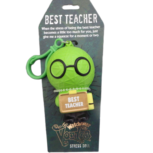 Green stress doll with glasses and 'Best Teacher' sign on packaging