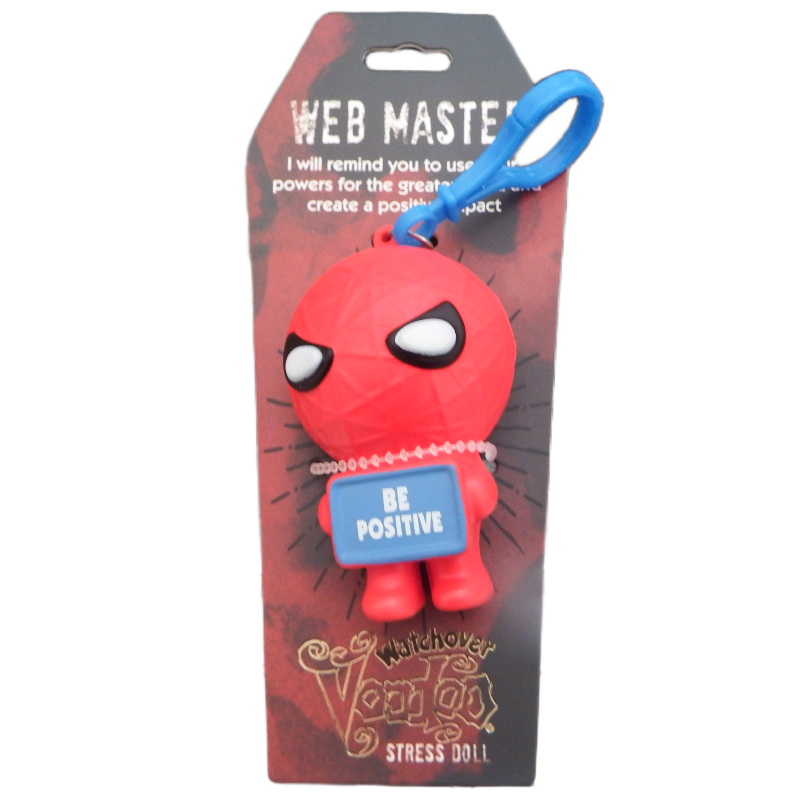 Red stress doll with a blue sign saying 'Be Positive' in packaging
