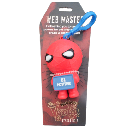 Red stress doll with a blue sign saying 'Be Positive' in packaging