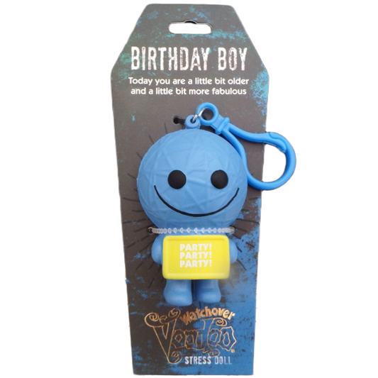 Blue stress doll with a yellow label on a branded packaging