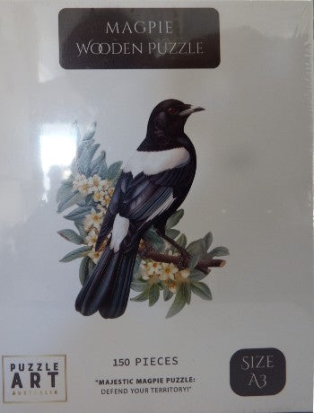 Wooden puzzle packaging with a magpie illustration on a white background