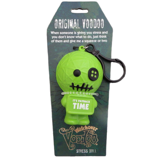 Green stress doll with packaging featuring text and branding
