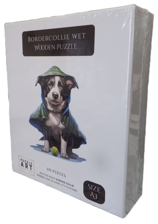 Wooden puzzle packaging with a border collie in a green raincoat illustration on a white background