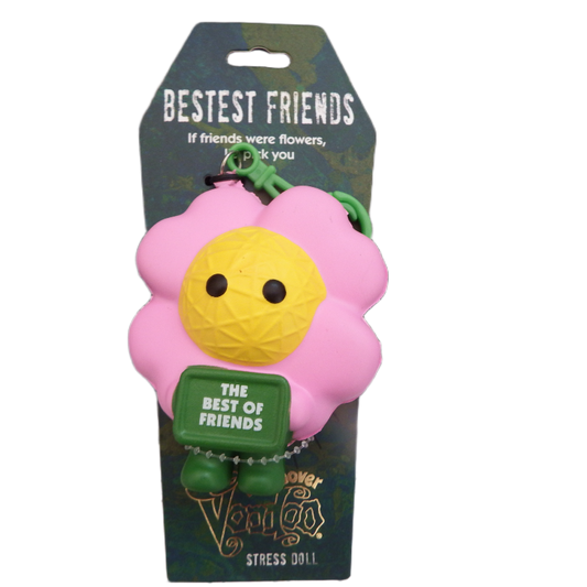 Flower-shaped stress ball with 'Bestest Friends' packaging on a white background