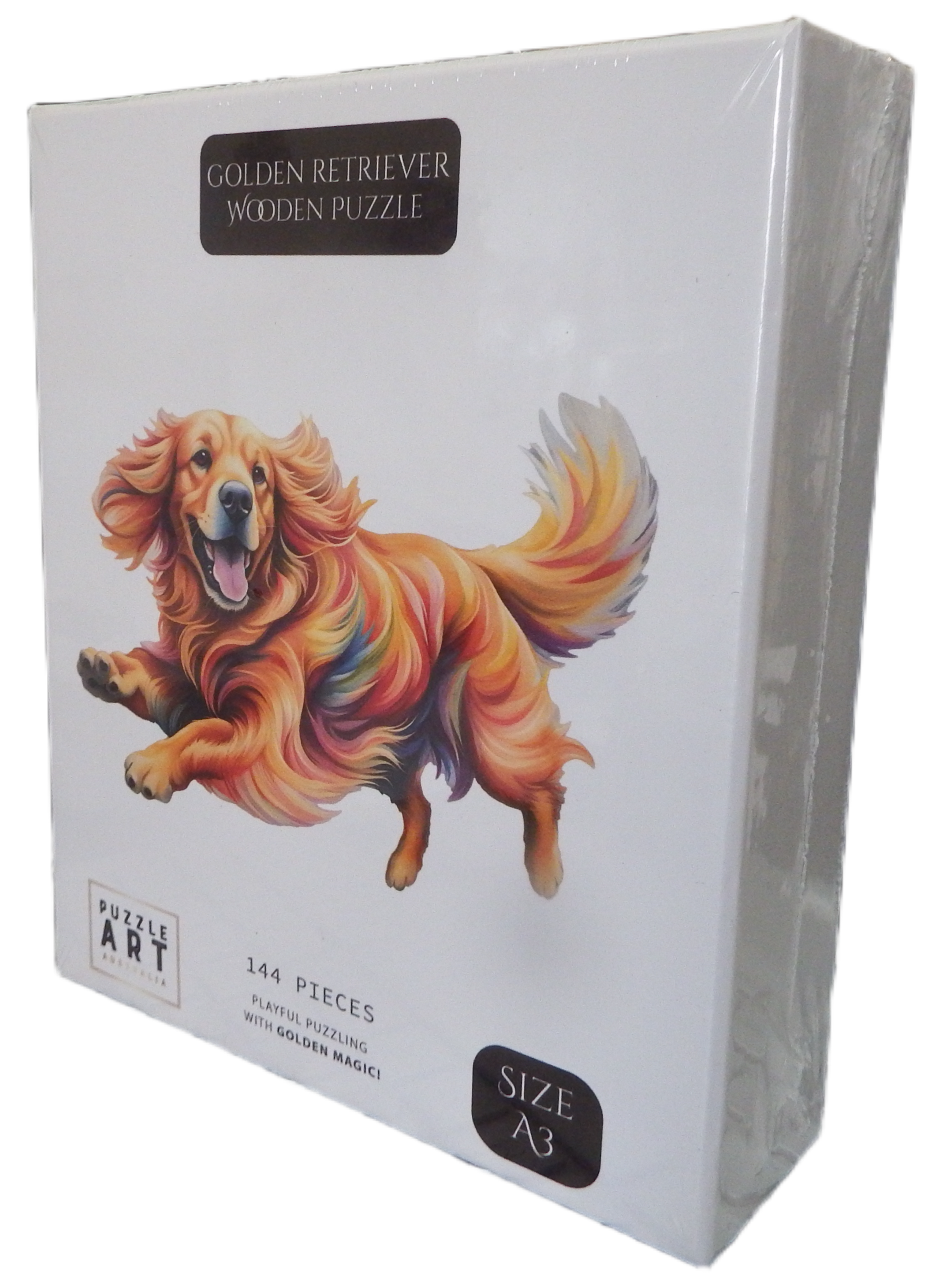 Wooden puzzle packaging with a colorful golden retreiver dog illustration on a white background